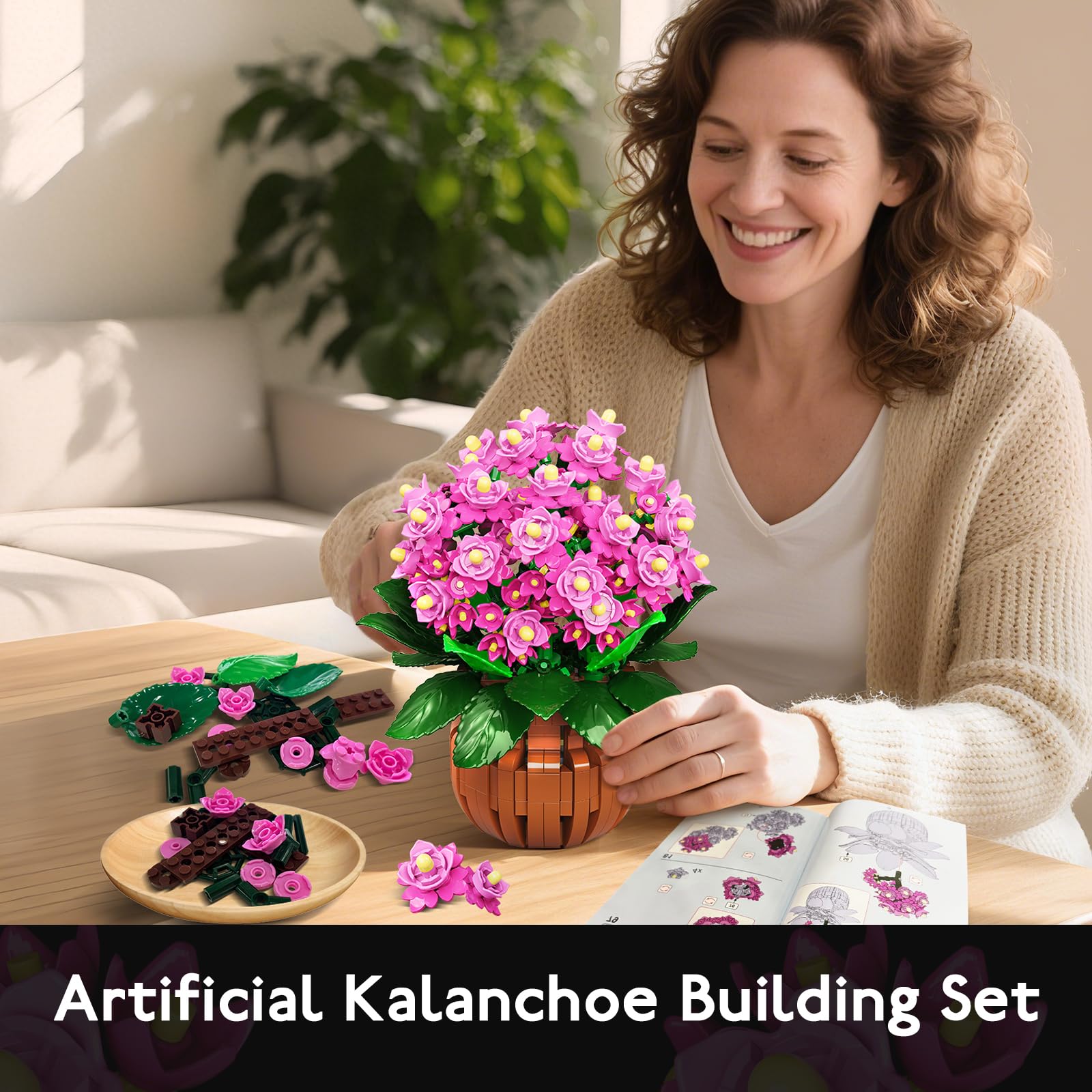 HOGOKIDS Kalanchoe bonsai potted base with vintage faux wood pot for natural charm