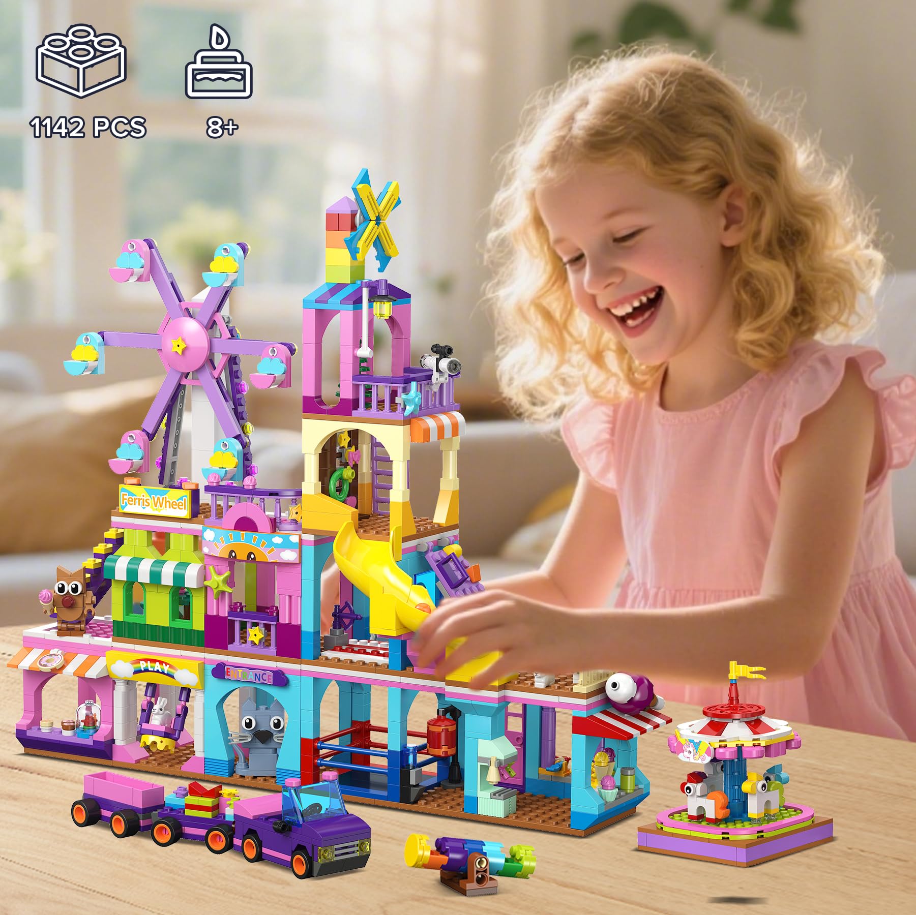 HOGOKIDS park building set spinning carousel invites tactile, interactive fun.
