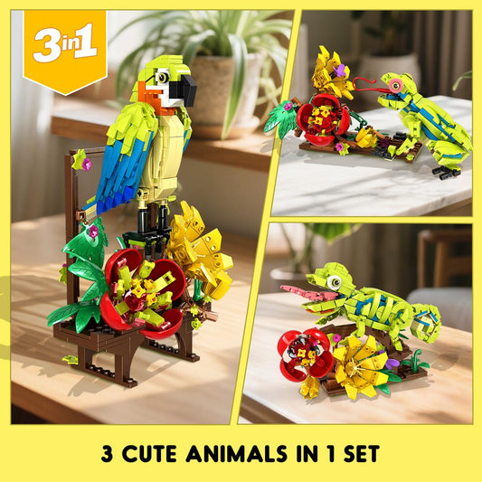 HOGOKIDS parrot figure with vibrant colors beside floral elements for display