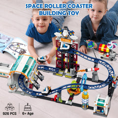 HOGOKIDS Space Roller Coaster lift platform demonstrates elevator action for engaging build-and-run play.