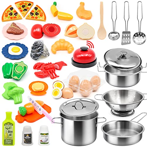 Hohosunlar 38-piece kids kitchen set with stainless steel pots and pans for imaginative play