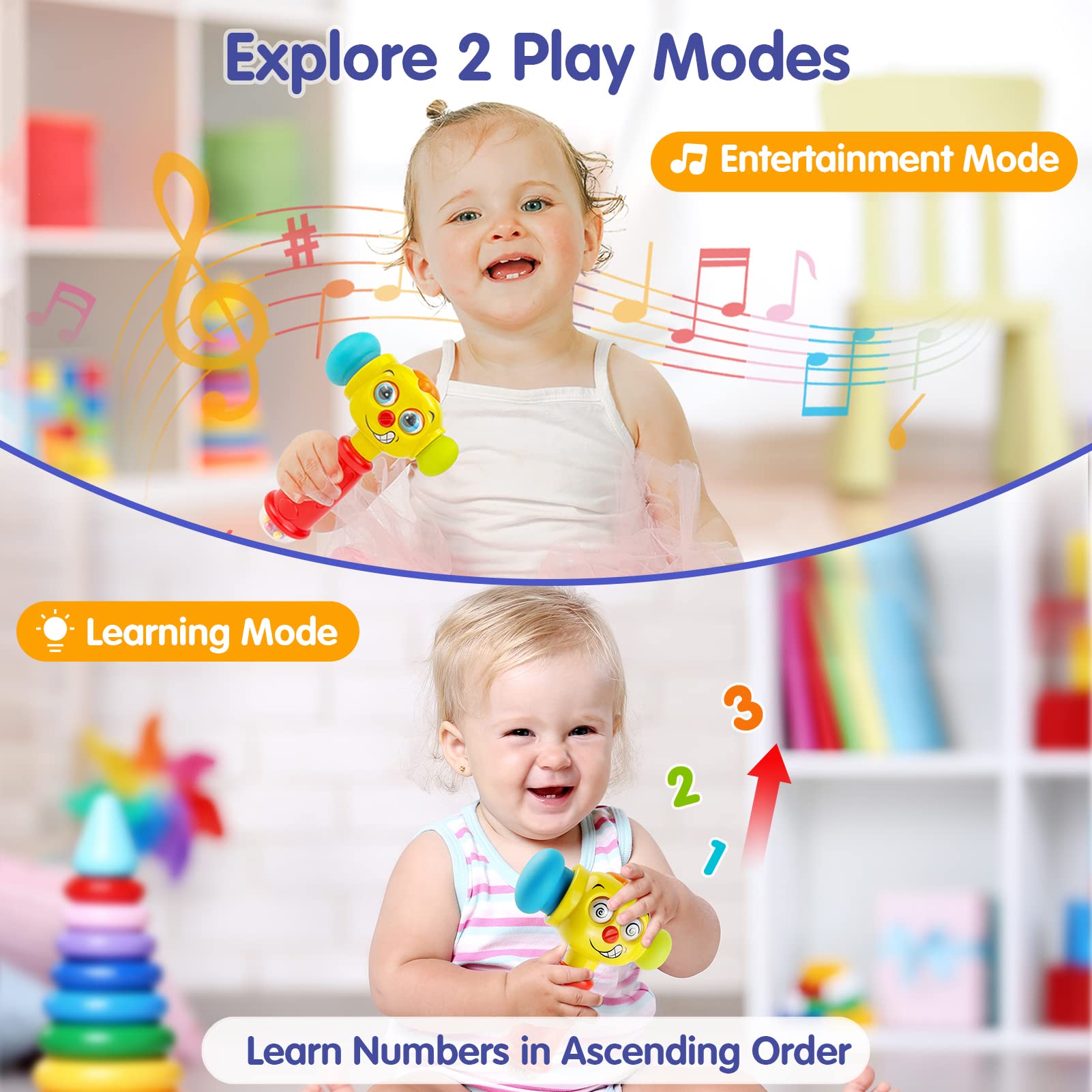 HOLA hammer toy featuring counting modes for early number learning