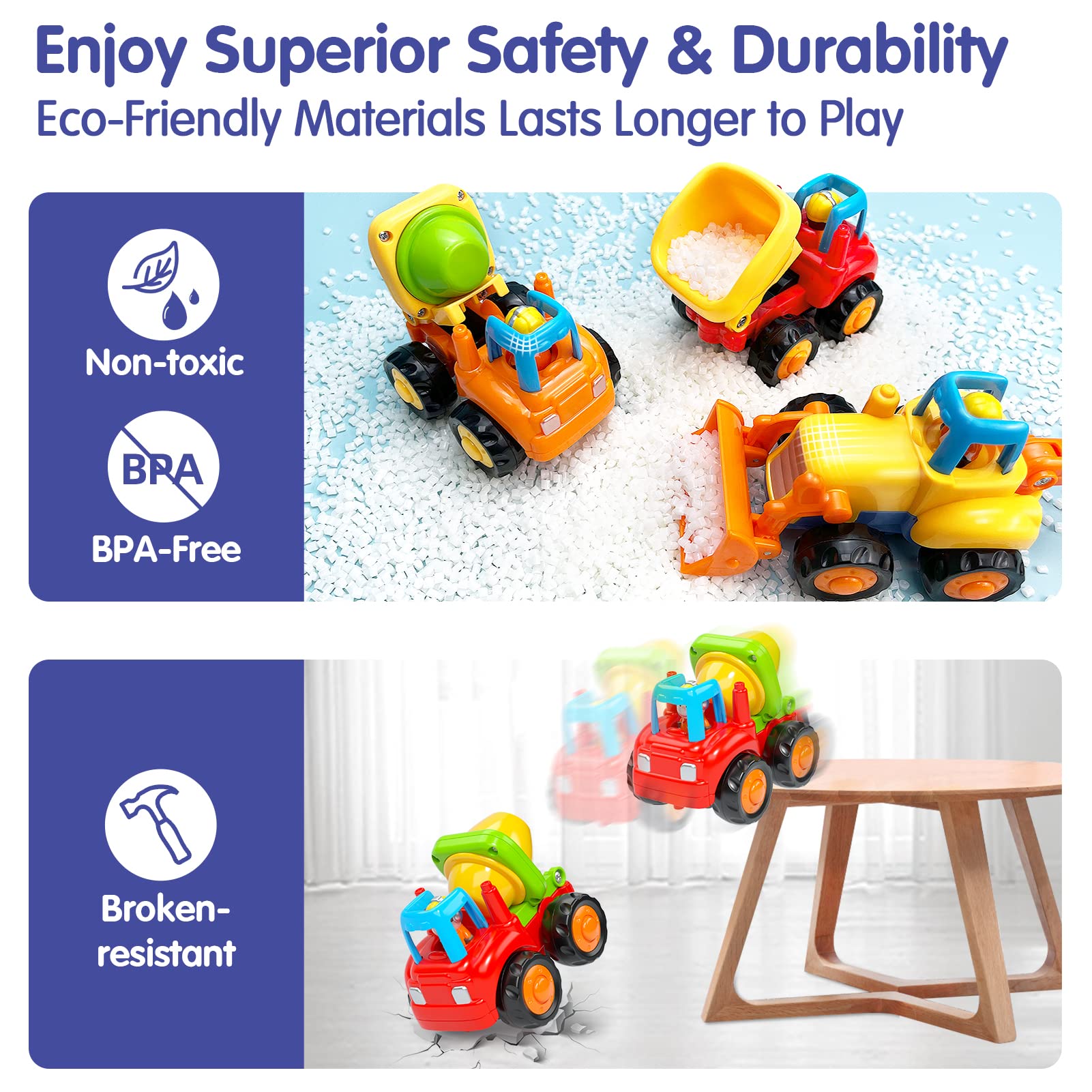 HOLA four-wheel-drive toy trucks in action during floor play.