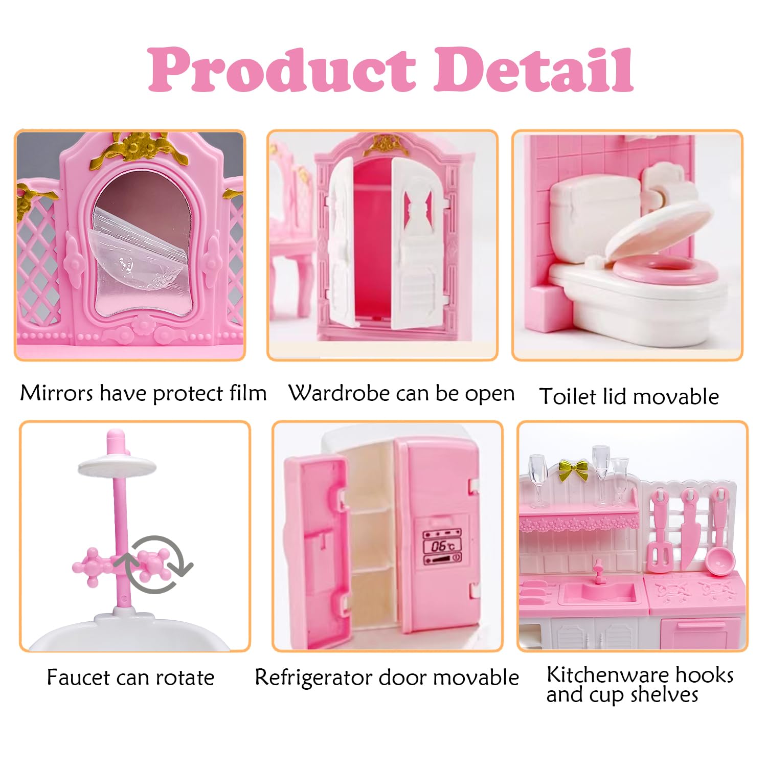 HOLABONITA bathroom accessories with opening toilet lid for realistic play scenes.