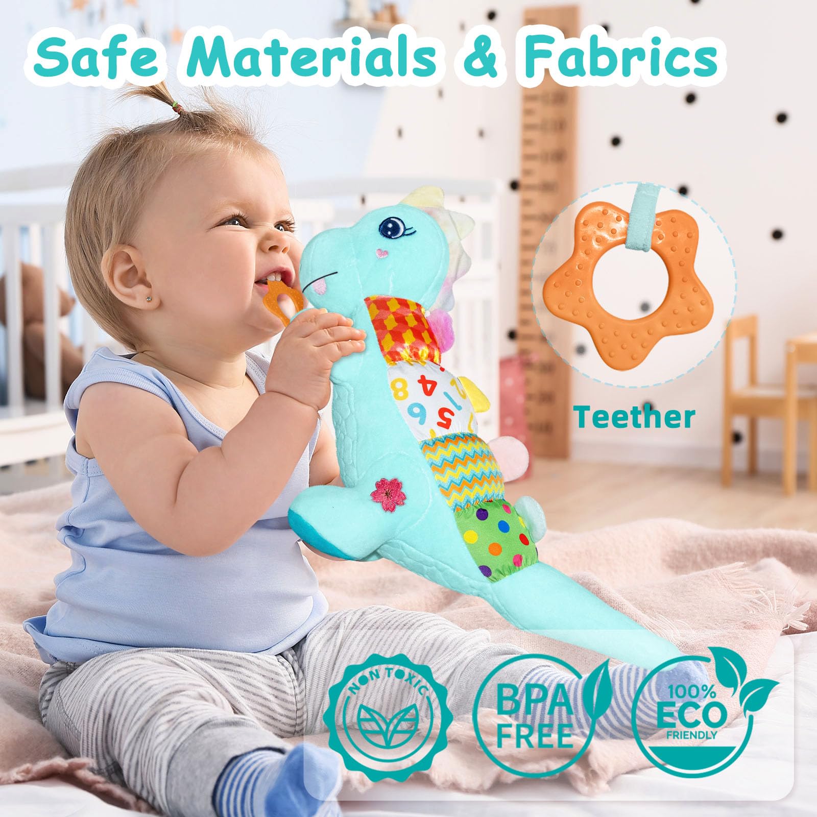 Holaxander baby dino plush back crinkle-paper adds engaging tactile and sound experiences.