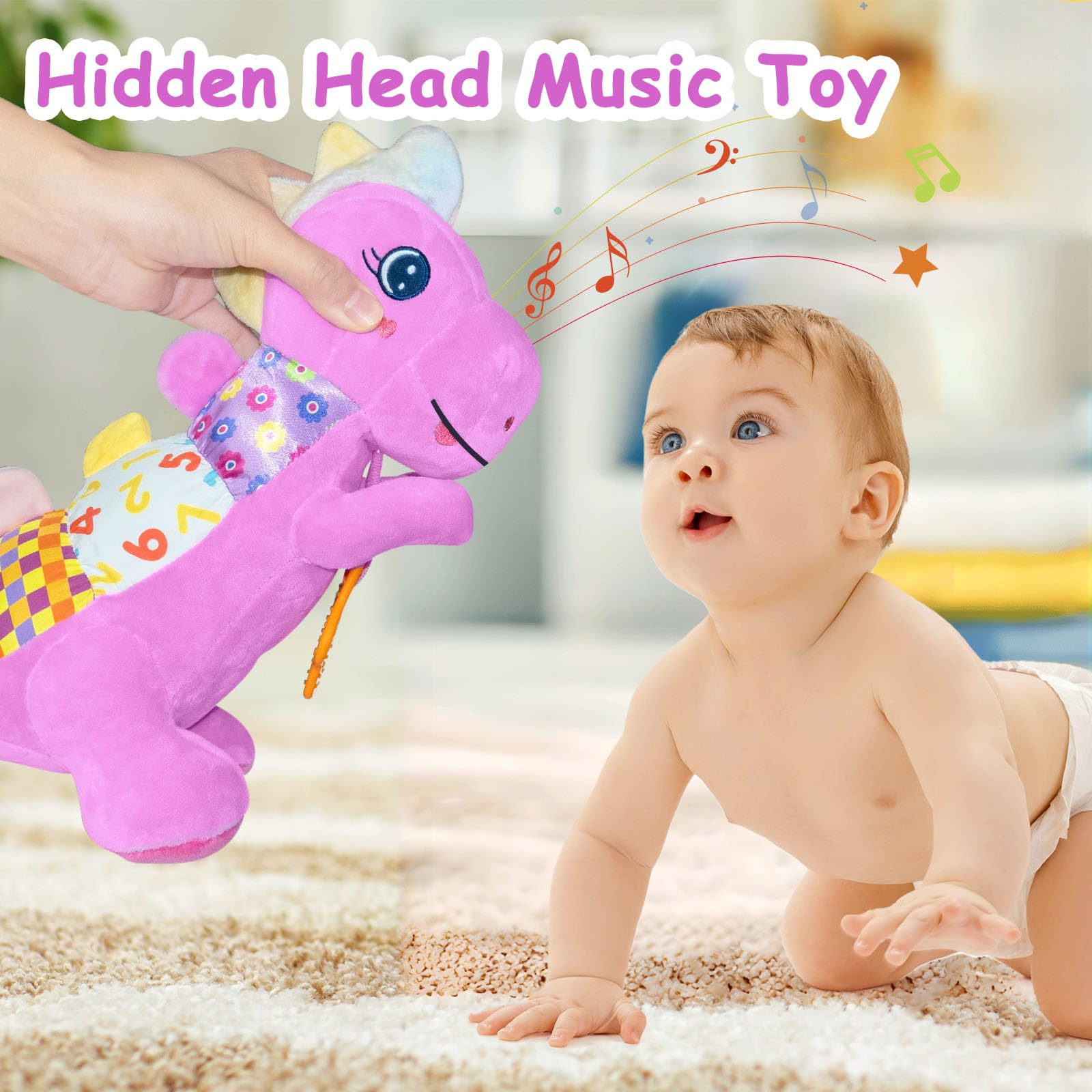 Holaxander Baby Dino plush back crinkle paper for tactile exploration.