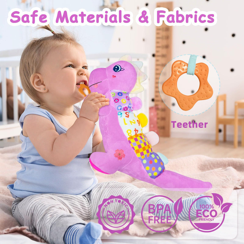 Holaxander Baby Dino plush body squeaker adds playful sounds during cuddles.