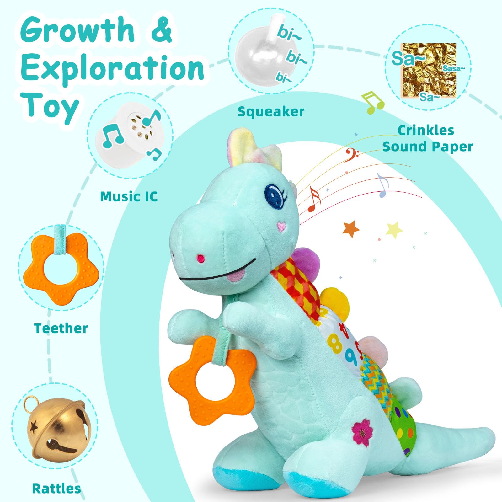 Holaxander baby dino plush body squeaker encourages interactive play and auditory curiosity.