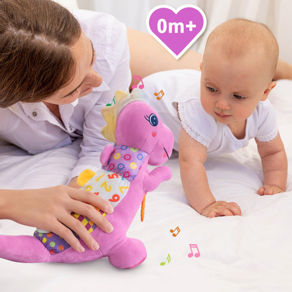 Holaxander Baby Dino plush tail rattle enhances interactive playtime.