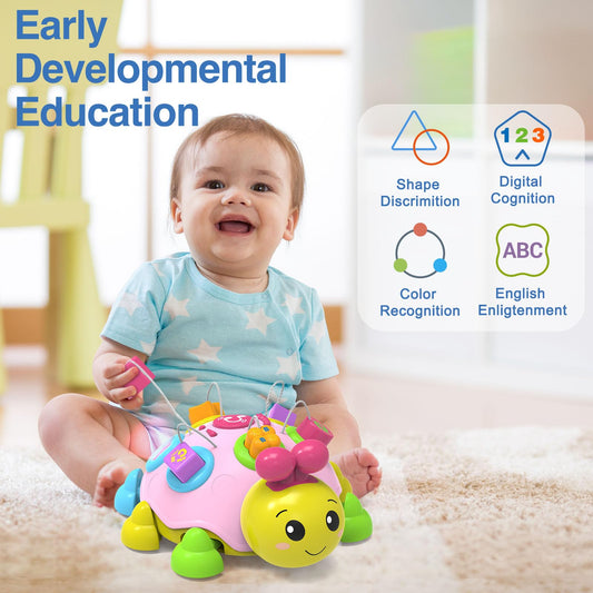 Holaxander Baby Ladybug Crawling Toy with lights active, boosts visual attention and focus.
