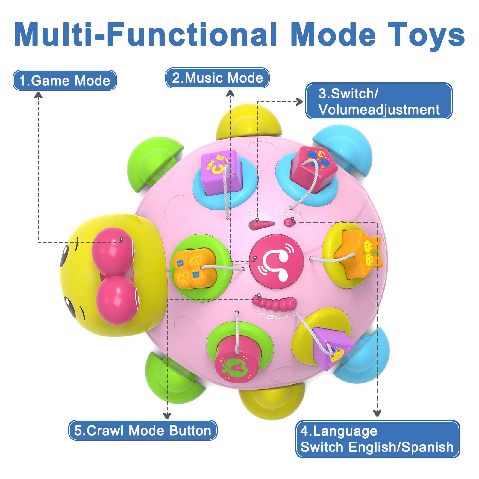 Holaxander Ladybug toy back view shows music button and nine songs for soothing play.