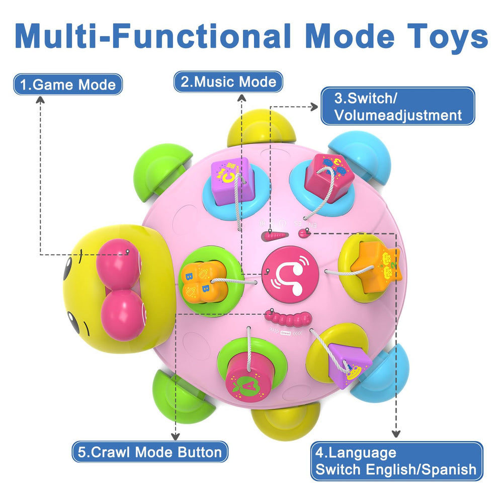 Holaxander Ladybug toy back view shows music button and nine songs for soothing play.