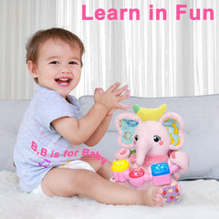 Holaxander elephant toy features dual squeakers to encourage auditory play.