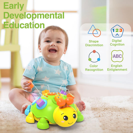 Holaxander Ladybug toy side view shows crawling button for gentle motor skill practice.