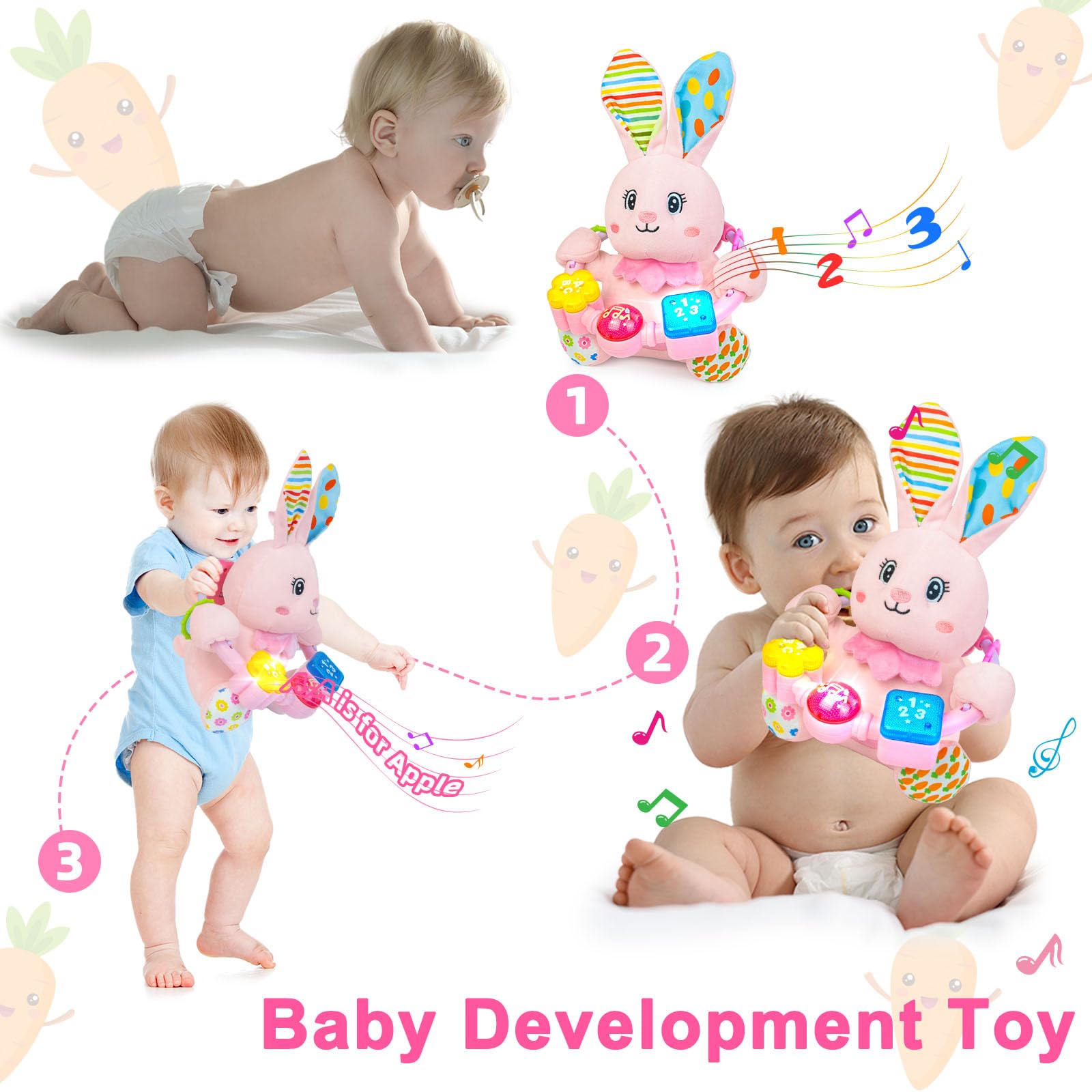 Holaxander rabbit light-up buttons invite infant interaction and bilingual exposure.
