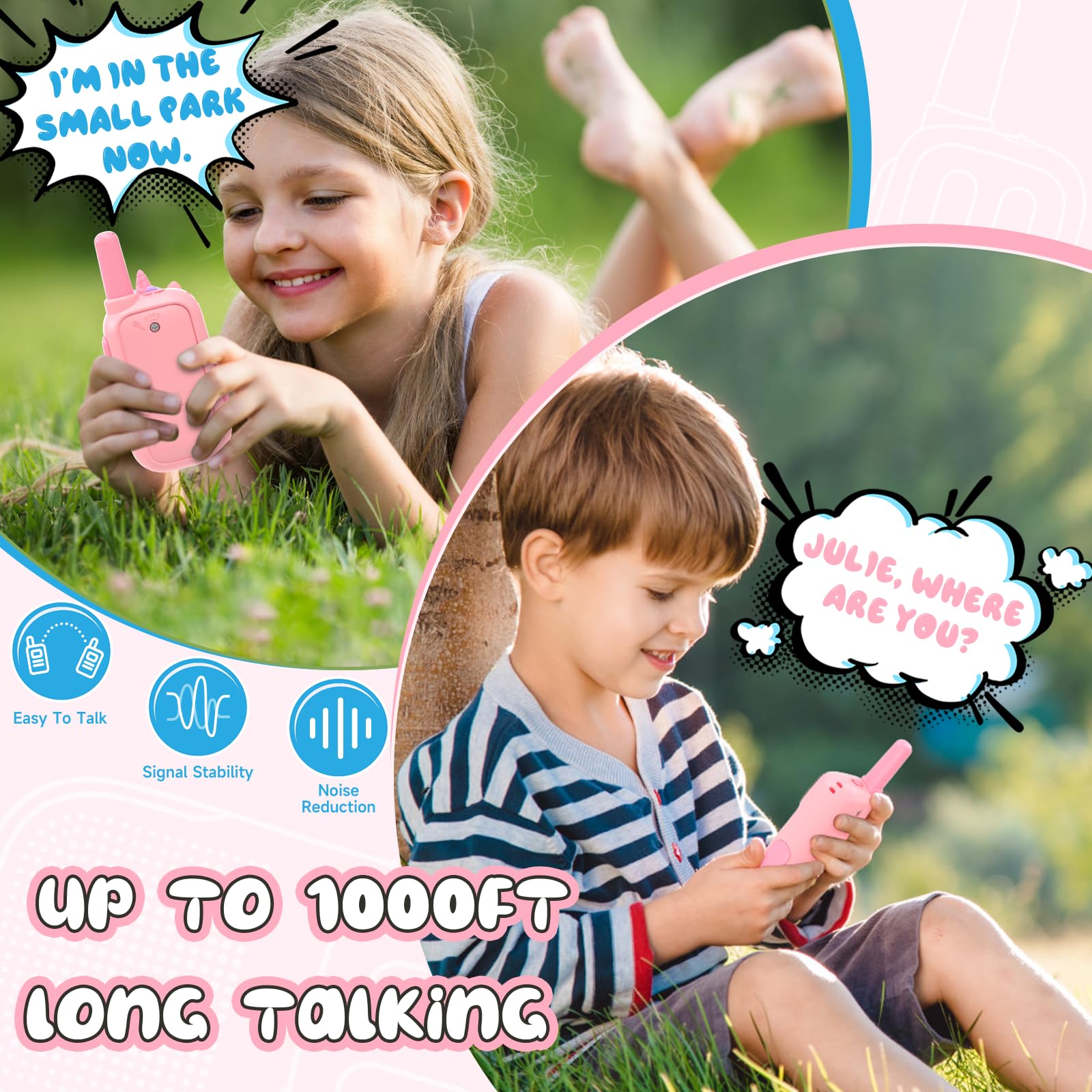 Holiky pink walkie talkie two-pack promotes shared adventures and teamwork.