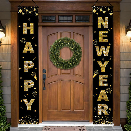 Holiwoer 71-inch black and gold New Year banner as a festive backdrop.