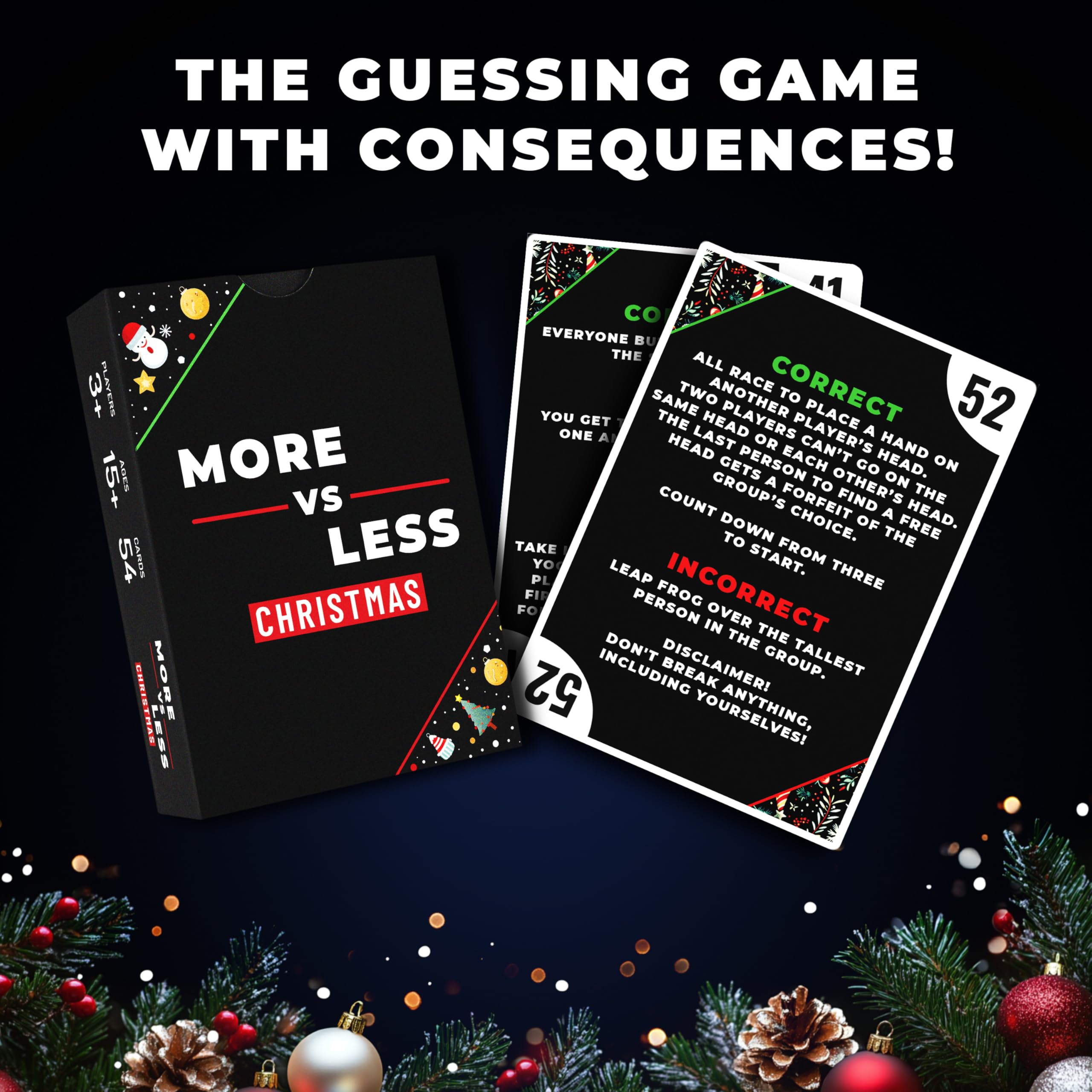 Hollew Christmas Card Game More vs Less card set displayed, quick engaging party challenges.