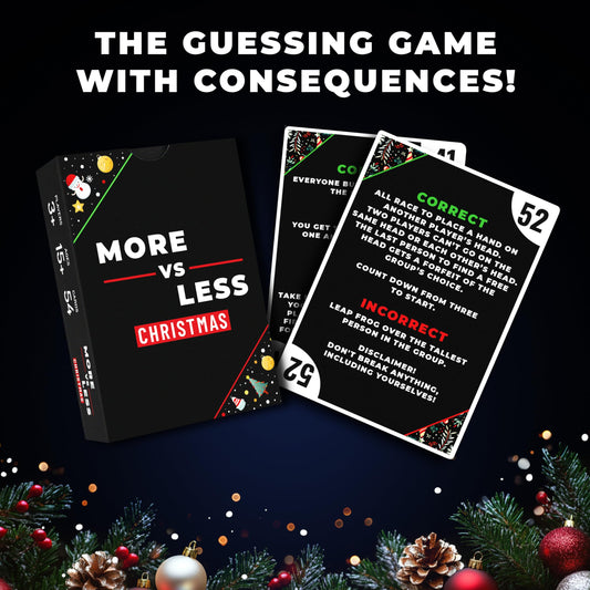 Hollew Christmas Card Game More vs Less card set displayed, quick engaging party challenges.