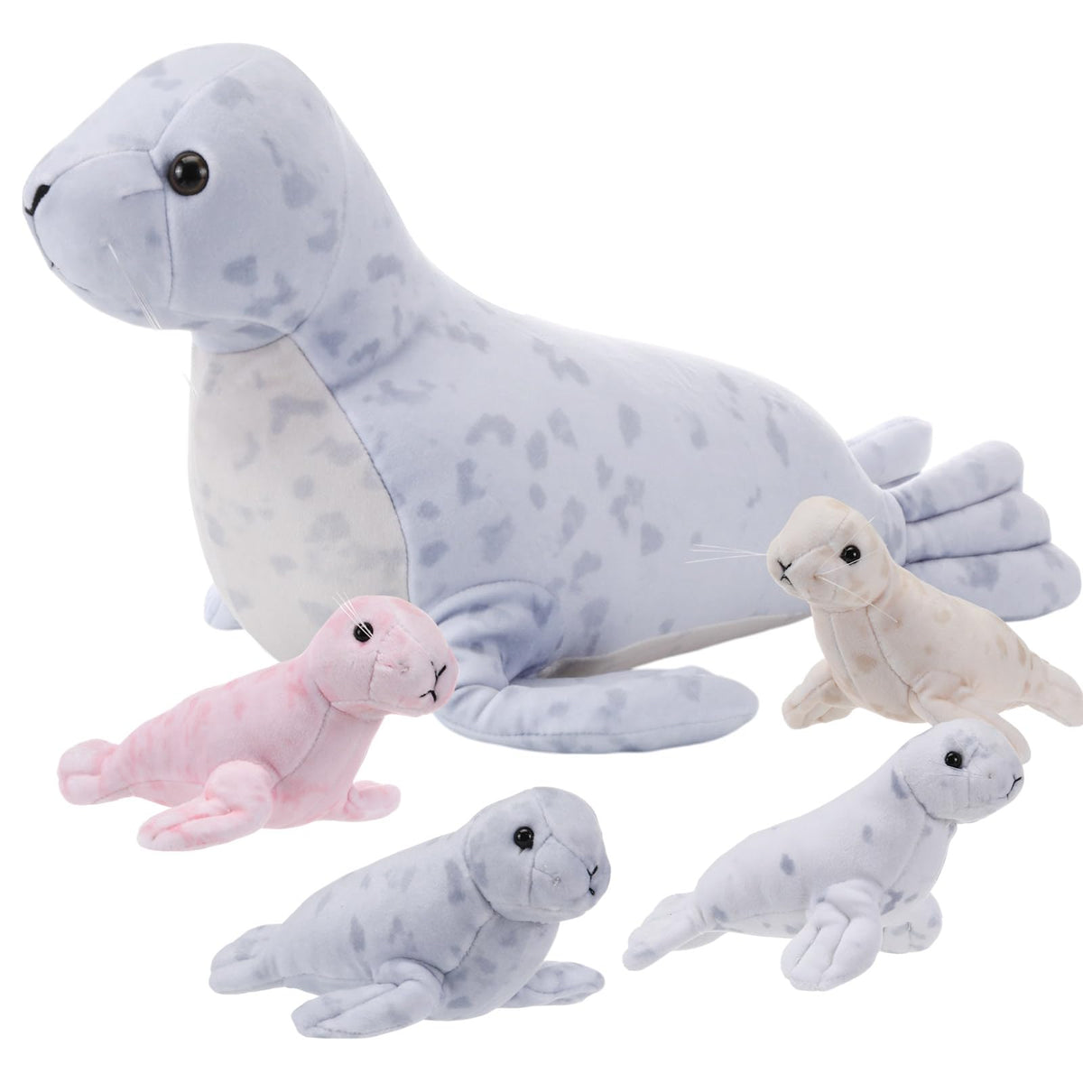 Hollowfly mommy seal 18-inch plush with four babies, ideal cuddle and storage companion.