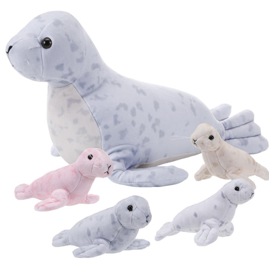 Hollowfly mommy seal 18-inch plush with four babies, ideal cuddle and storage companion.