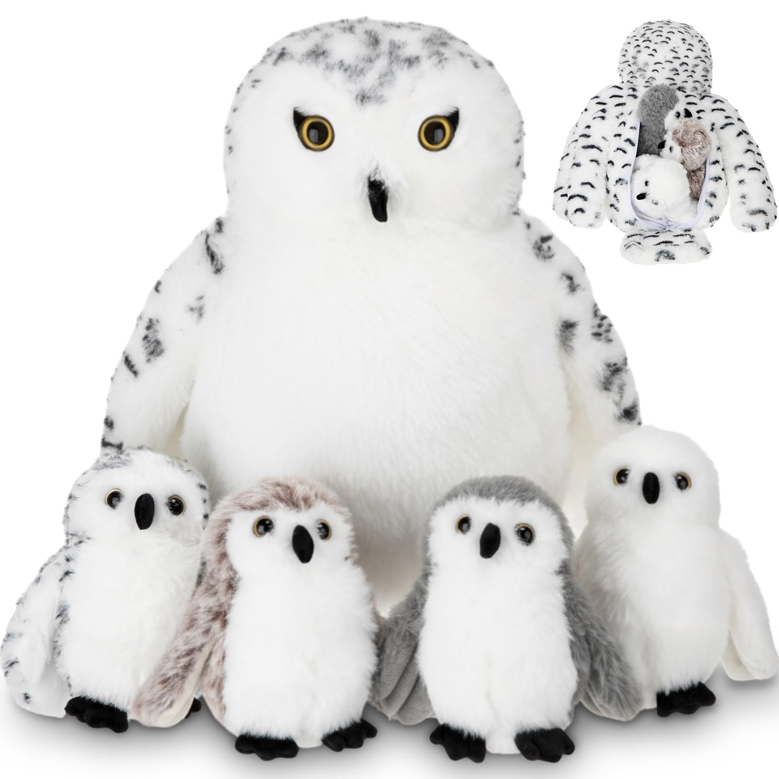 Hollowfly mommy snowy owl with four babies for cozy storage and play