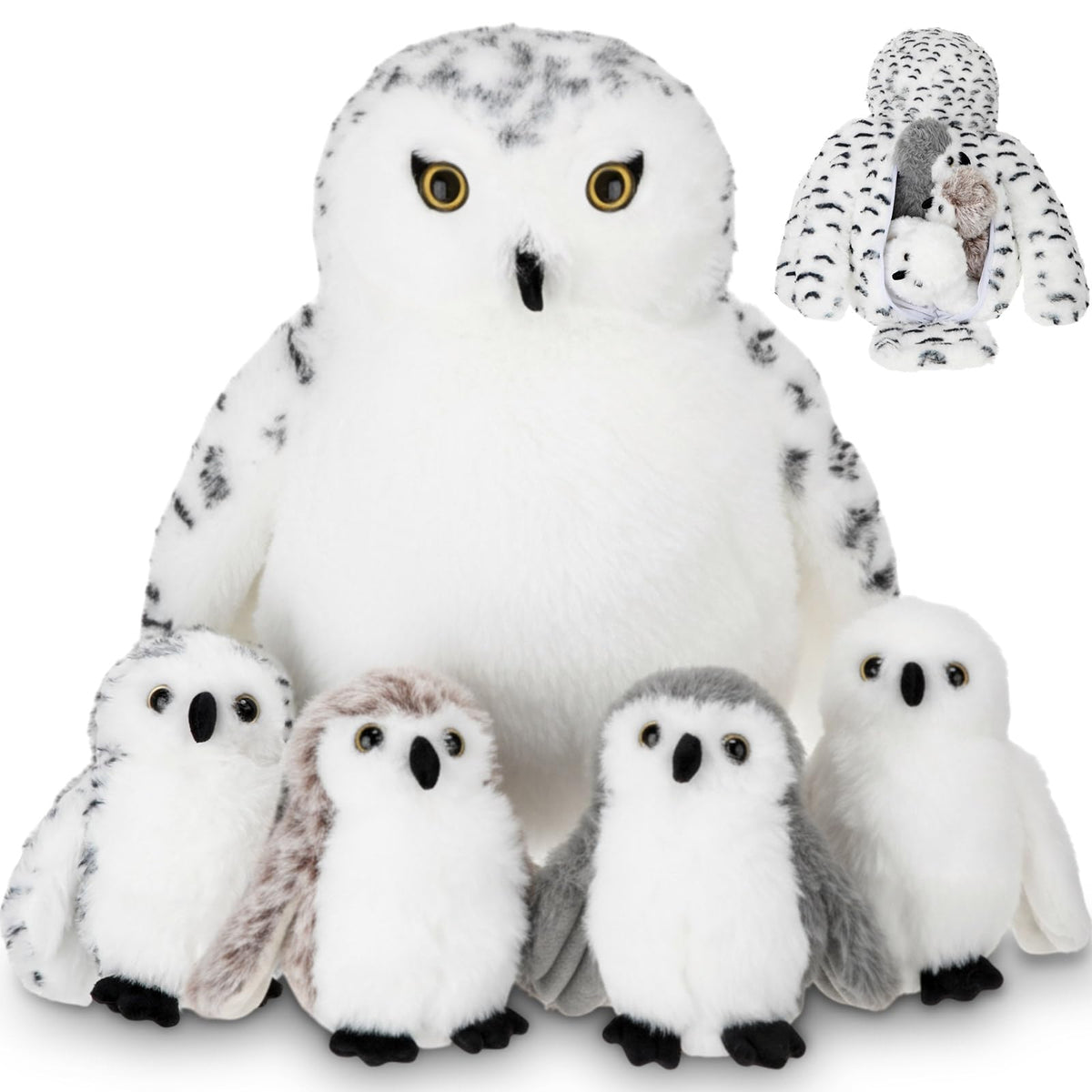 Hollowfly mommy snowy owl with four babies for cozy storage and play