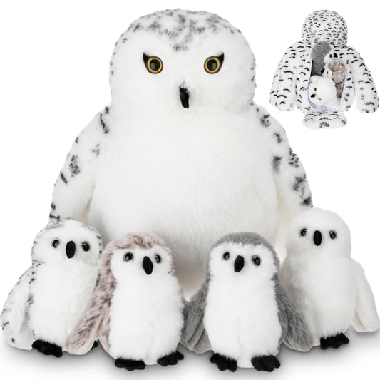 Hollowfly mommy snowy owl with four babies for cozy storage and play