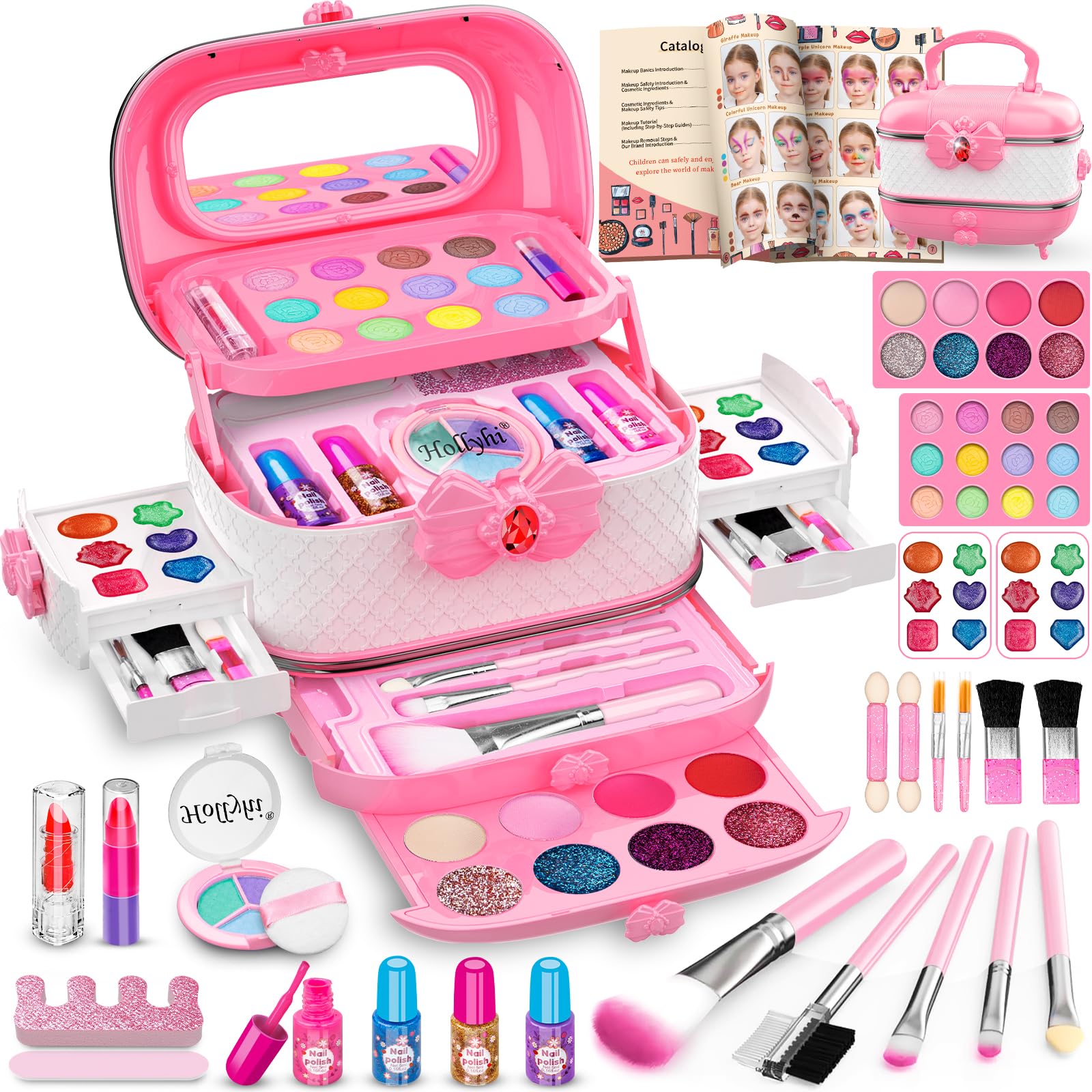 Hollyhi 58 Pcs makeup kit with mirror-case for organized pretend play