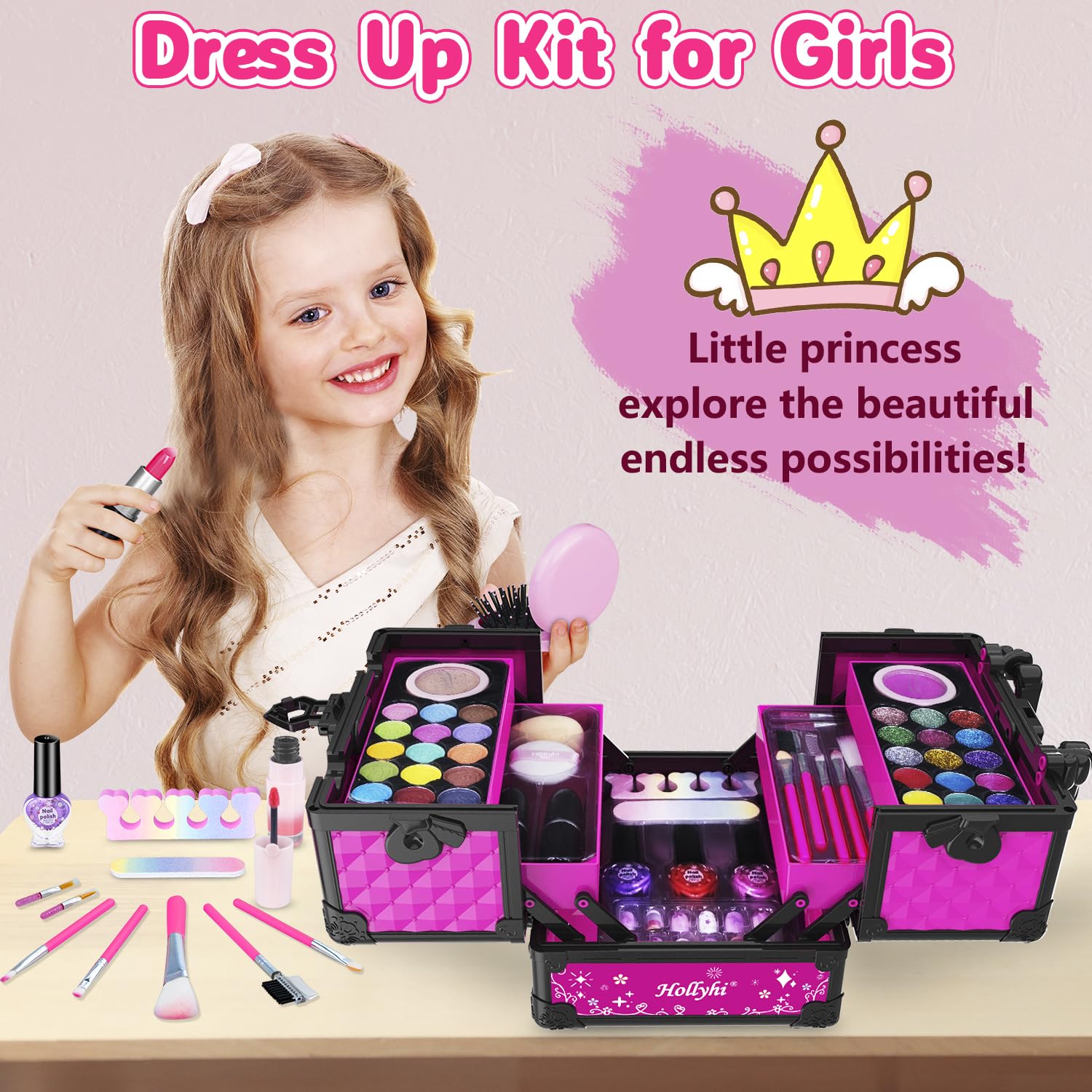 Hollyhi 59 Pcs makeup kit brushes and tools laid out for creative play