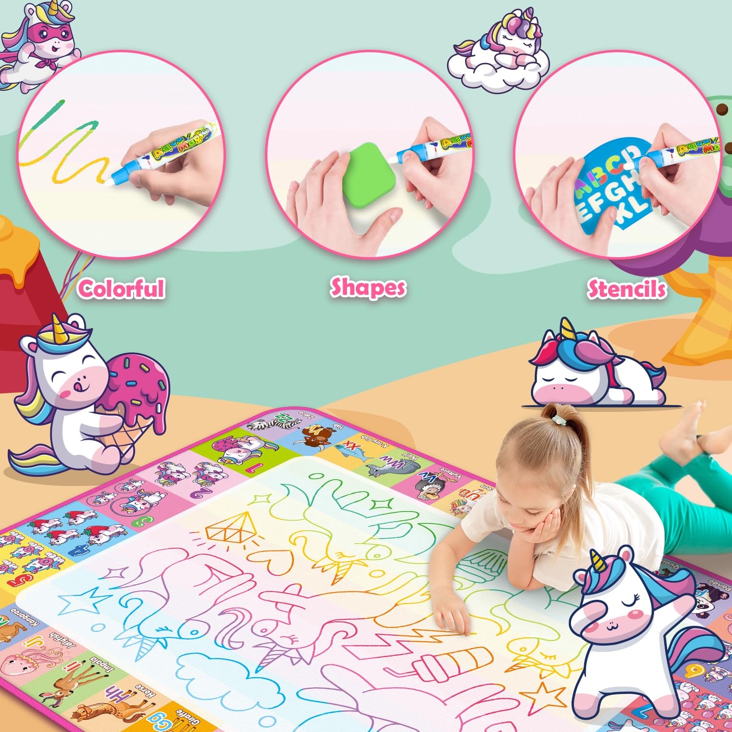 Hollyhi Aqua Water Doodle Mat in use with a child drawing with water pen.