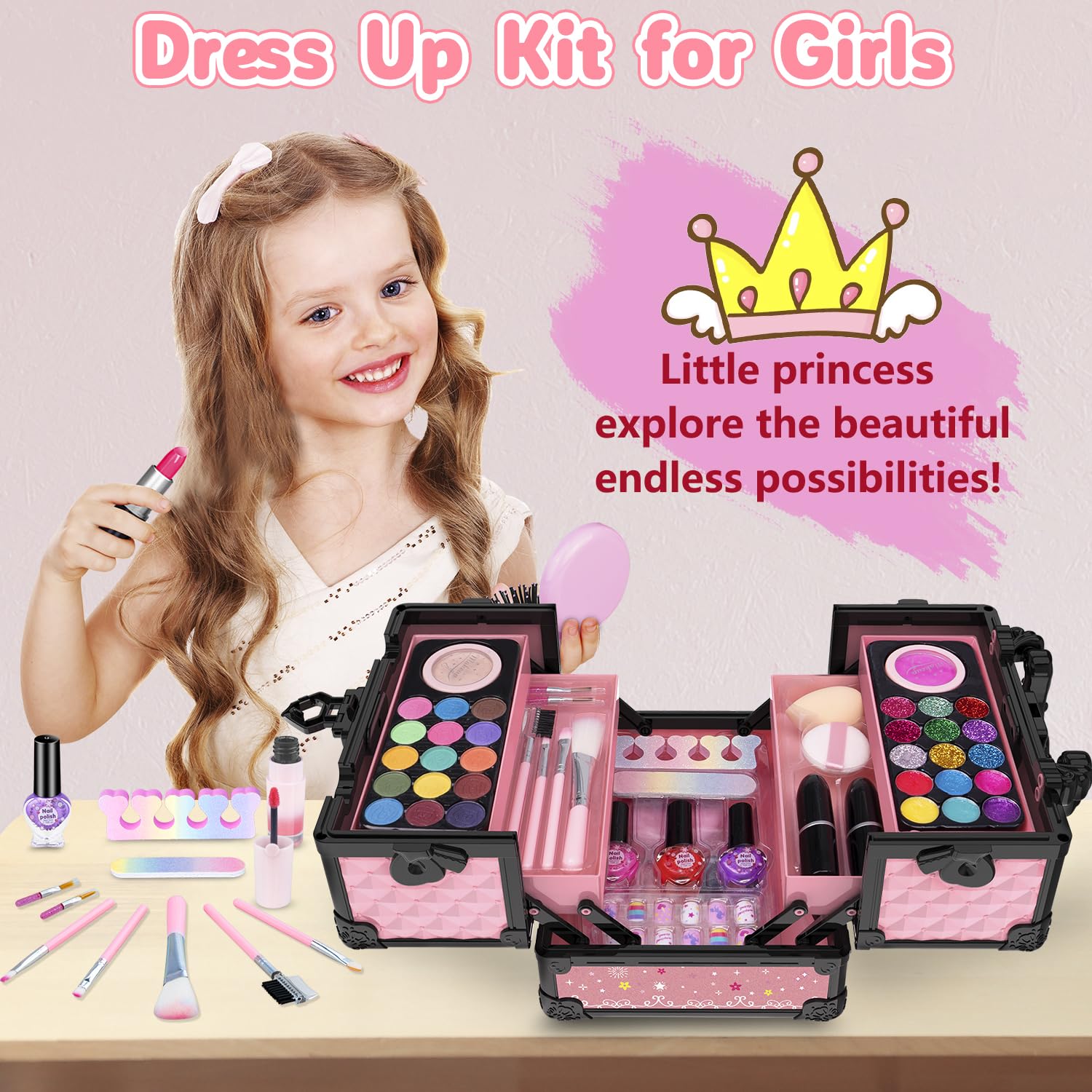 Hollyhi pink makeup tools set designed for washable play.