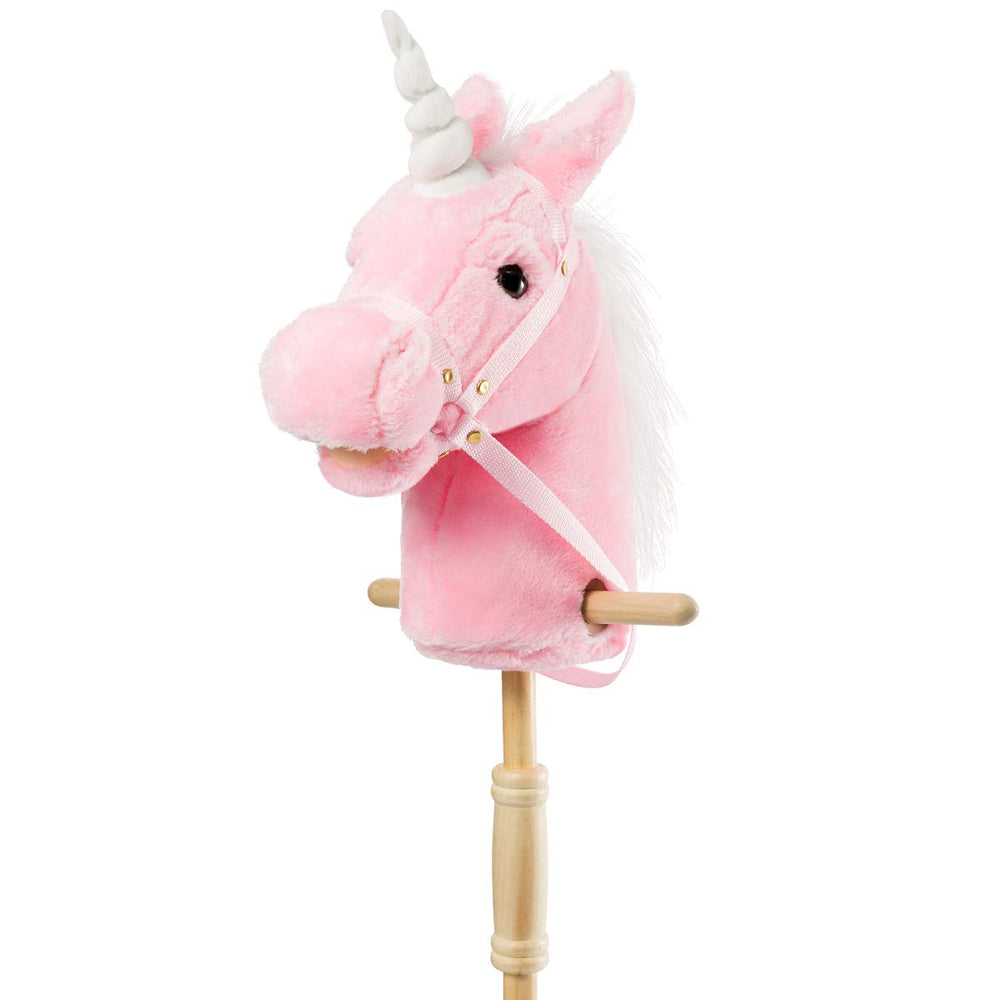 HollyHOME plush unicorn stick horse with wood wheels for imaginative play