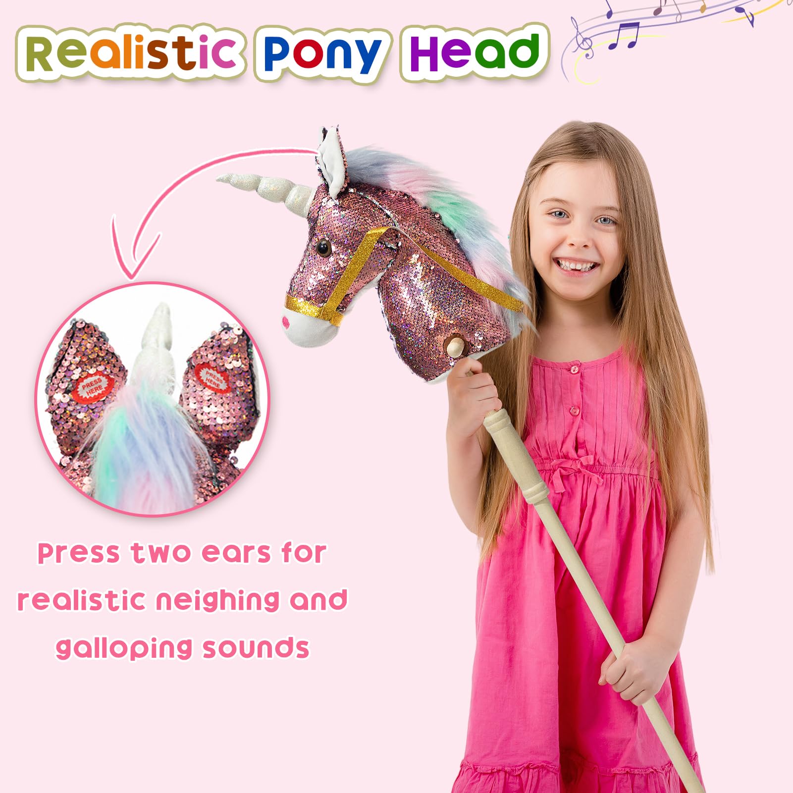 HollyHOME Sequin Unicorn Stick Horse plush head adds friendly pretend ride.