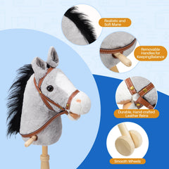 Children ride HollyHOME stick horse indoors for safe, active pretend play.