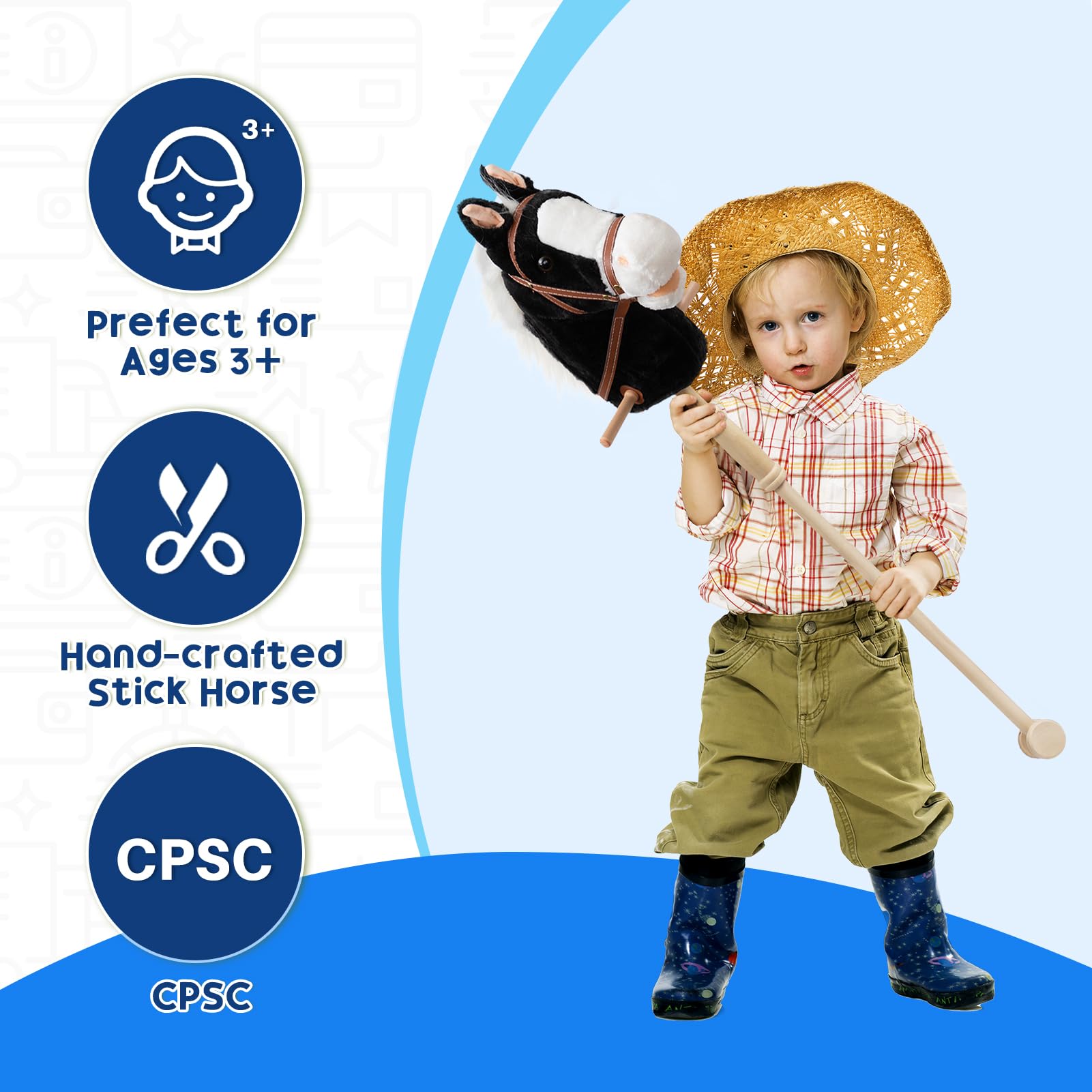 HollyHOME stick horse neighing sounds activate by pressing ears for immersive play.