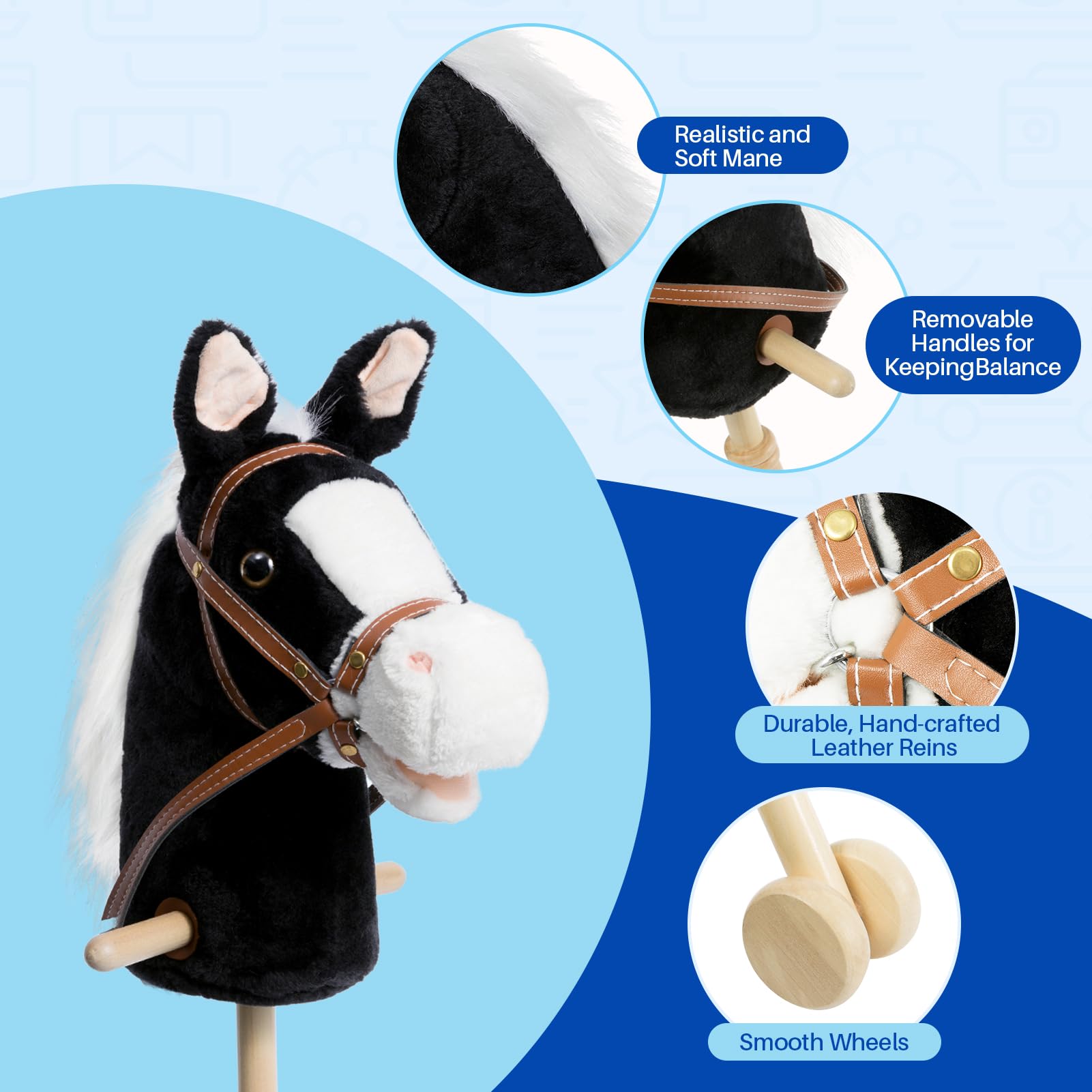 HollyHOME stick horse padded handles provide comfortable grip during play sessions.