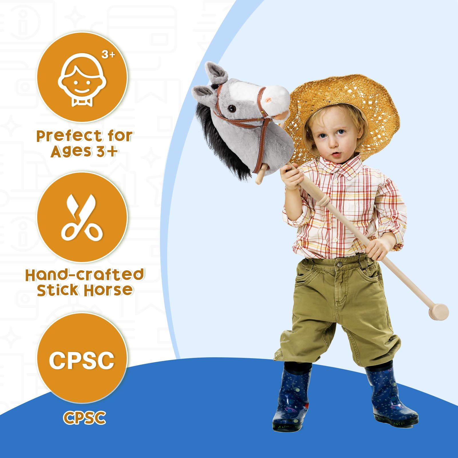 HollyHOME stick horse leather reins and wheels visible for durable, safe play.