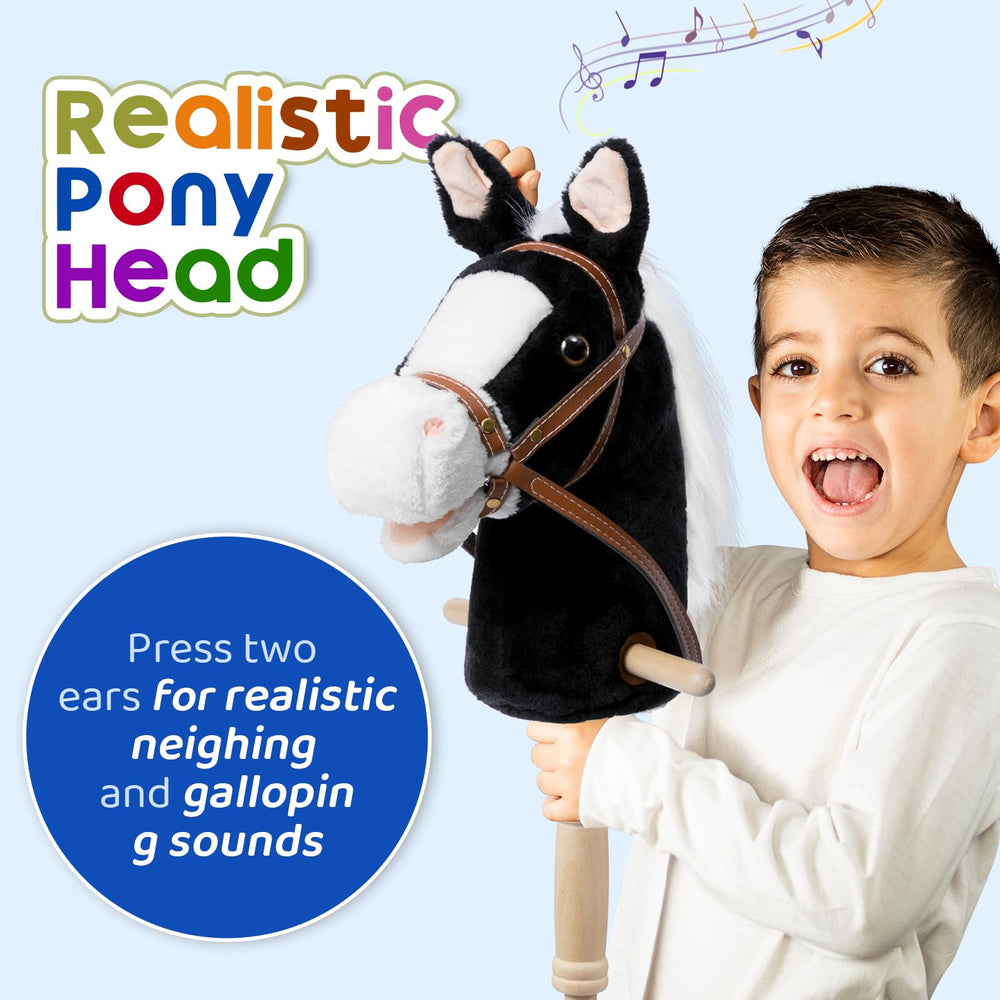HollyHOME stick horse with wood wheels in motion for active mobility indoors or outdoors.