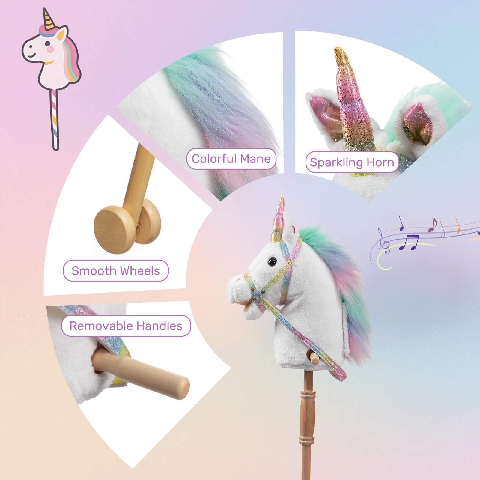 HollyHOME unicorn stick horse fluffy mane enhances tactile pretend grooming.