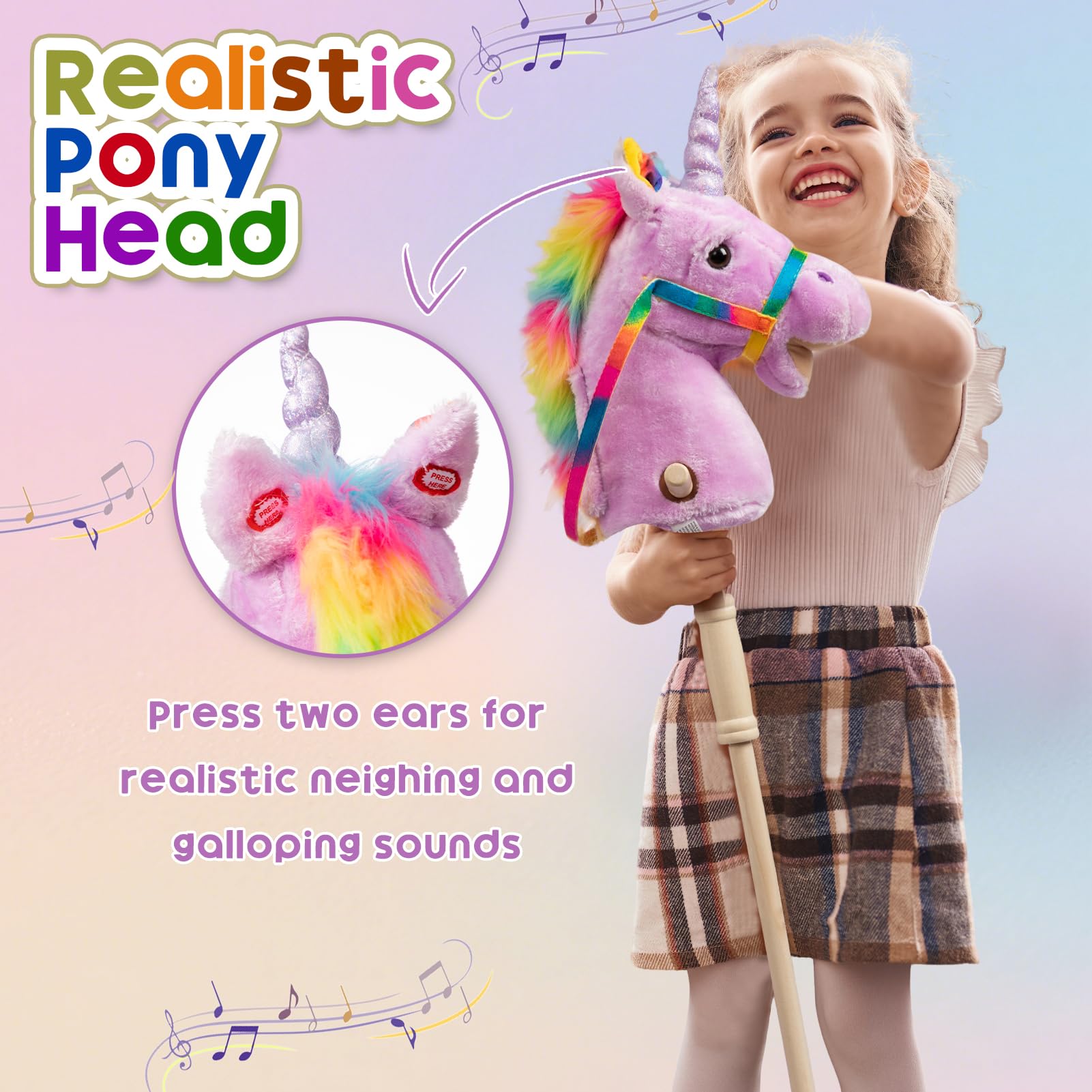 HollyHOME Unicorn Stick Horse handles provide secure grip for confident motion.