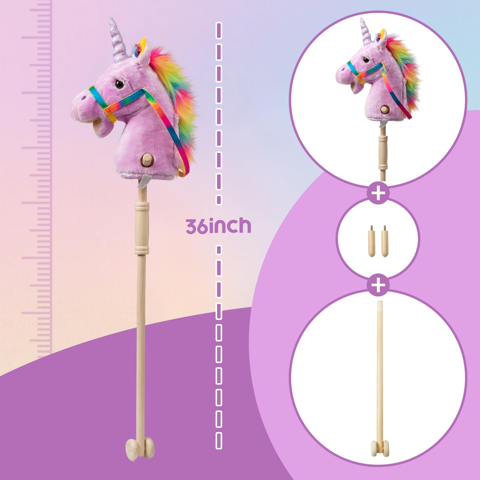 HollyHOME Unicorn Stick Horse leather reins add durable, realistic detail.