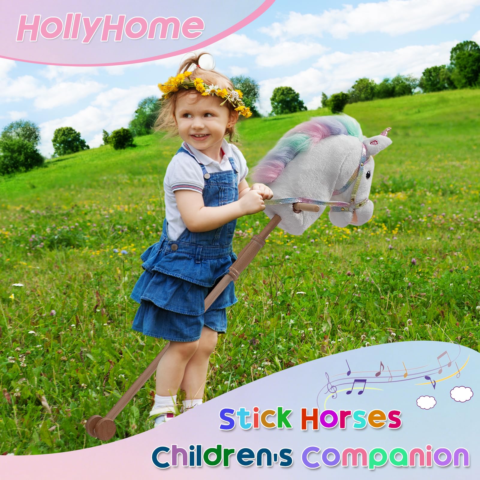 HollyHOME unicorn stick horse rainbow glitter bridle adds magical styling.