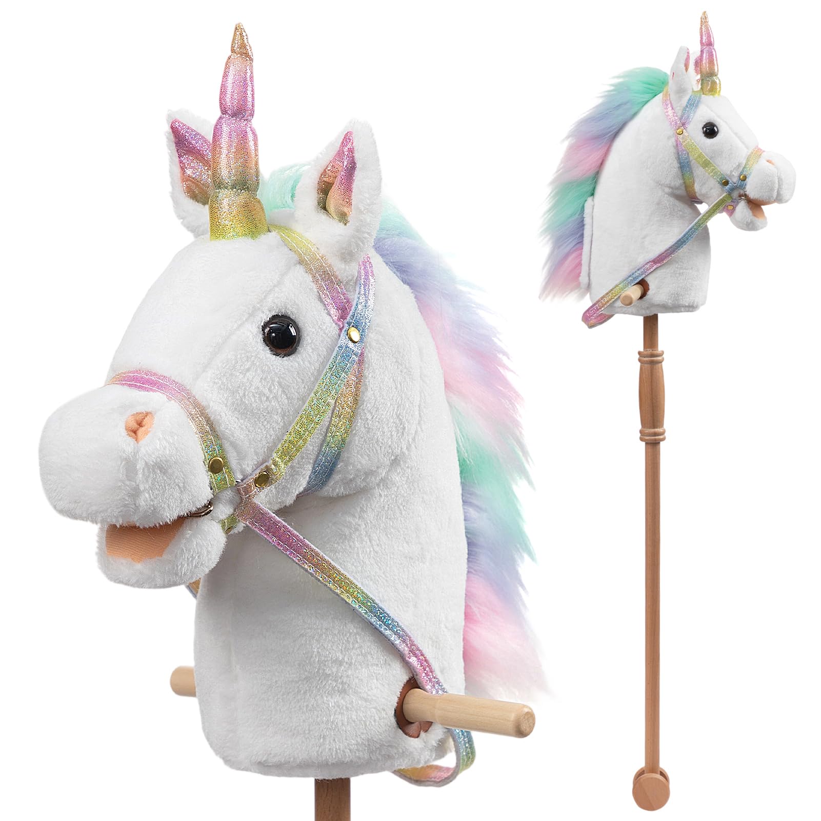 HollyHOME unicorn stick horse with wood wheels for durable indoor and outdoor play.