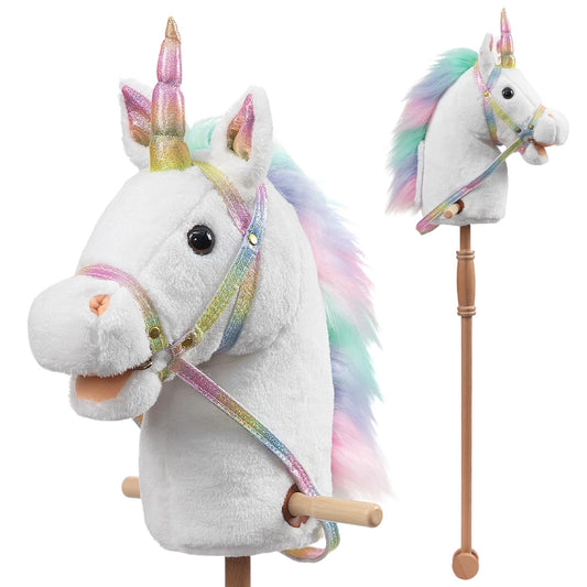 HollyHOME unicorn stick horse with wood wheels for durable indoor and outdoor play.