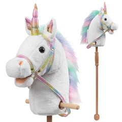 HollyHOME unicorn stick horse with wood wheels for durable indoor and outdoor play.