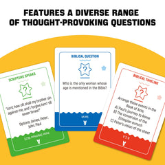 HOLY QUEST six categories visual showing diverse trivia topics for youth groups.