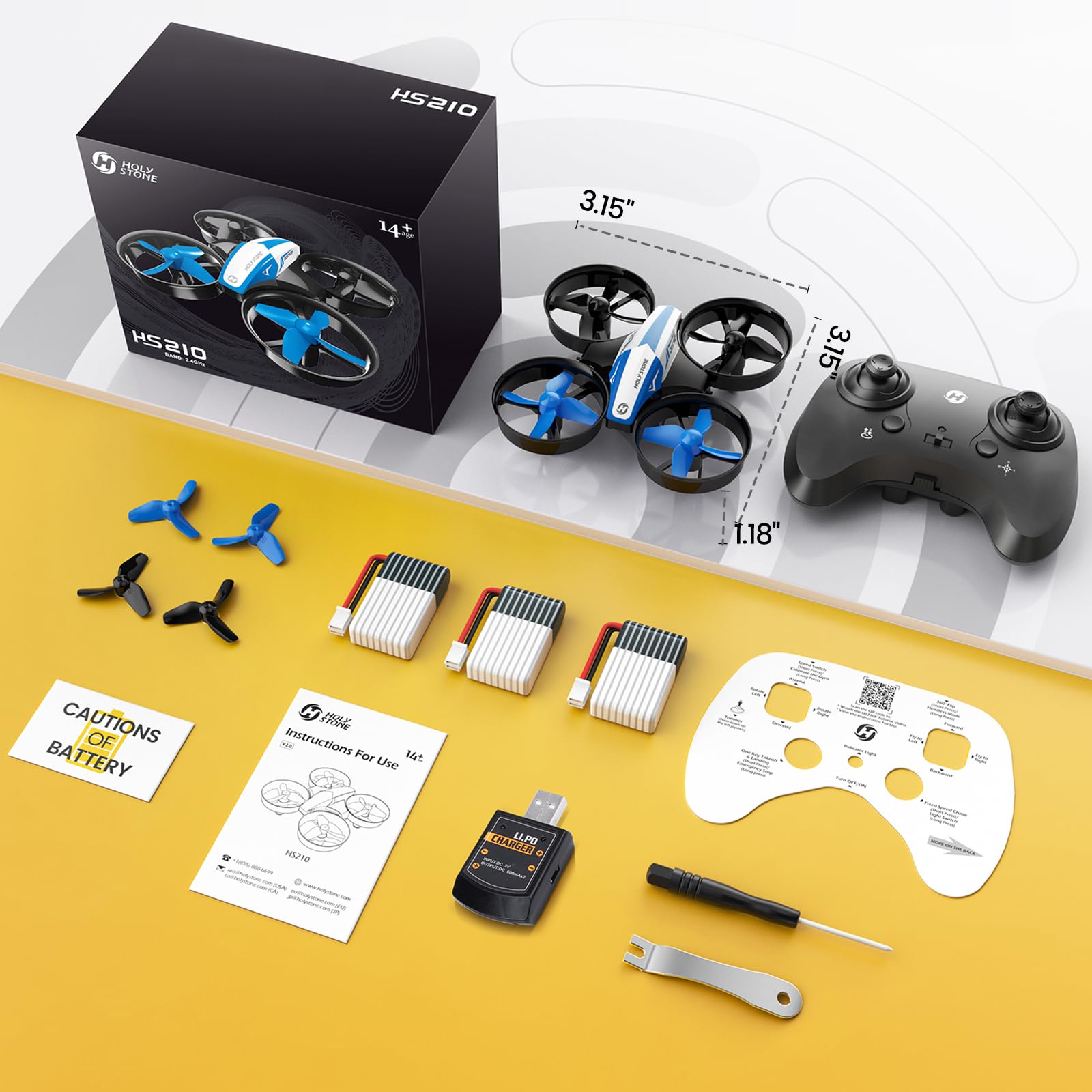 Holy Stone HS210 blue 3D flips, playful tricks for budding pilots.
