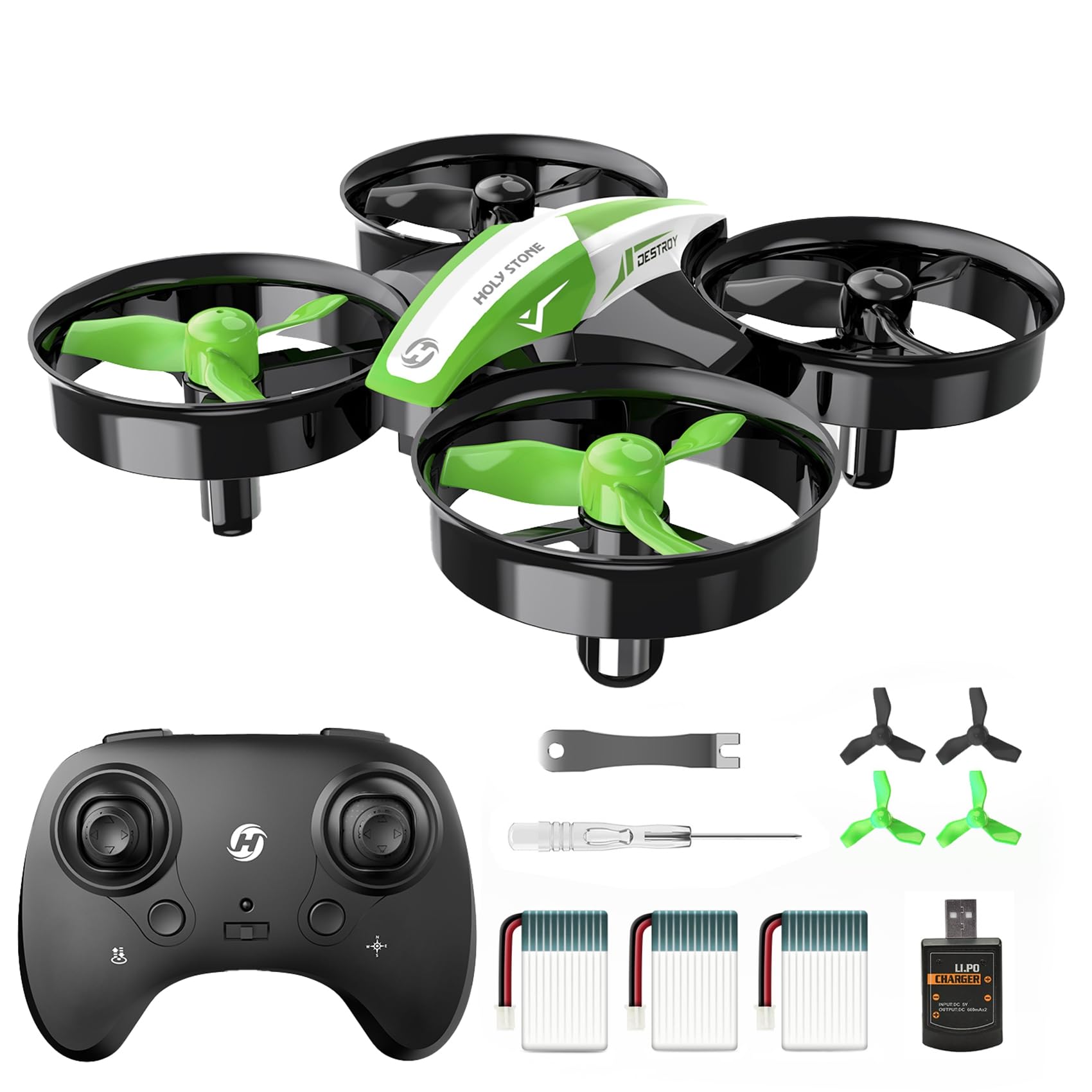 Holy Stone HS210 green drone front view for easy indoor flights.