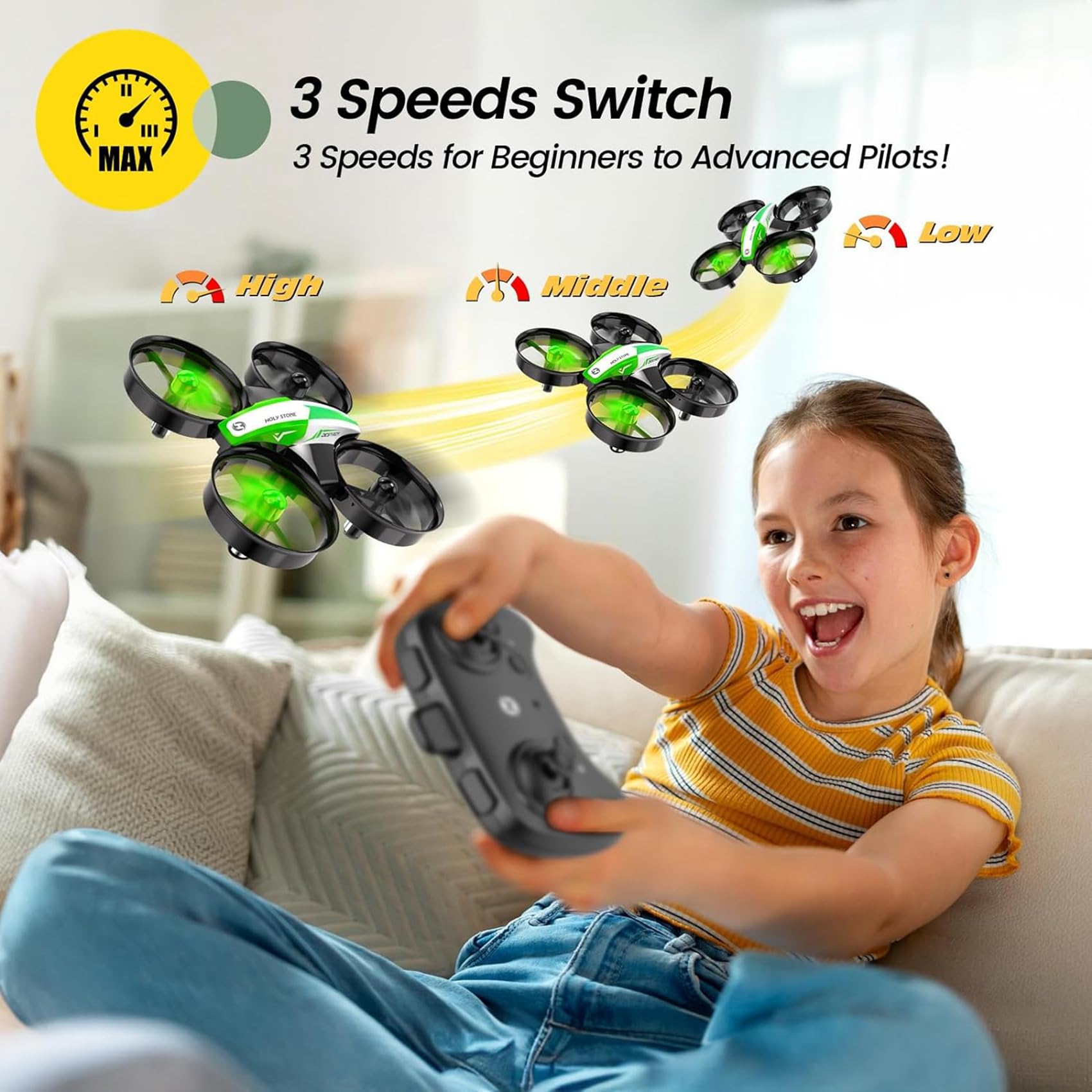 Holy Stone HS210 green remote-control emphasizes beginner-friendly steering.